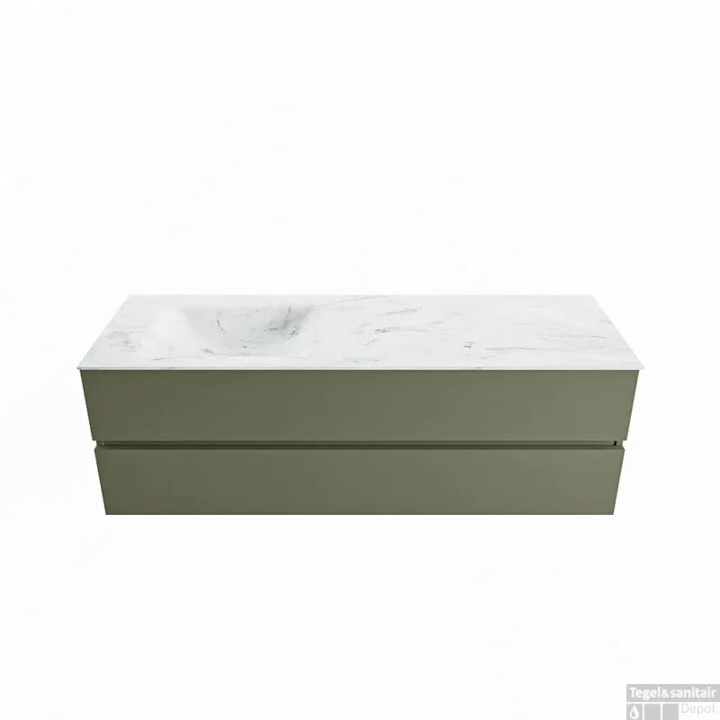 Korting MONDIAZ VICA-DLUX 150cm badmeubel onderkast Army 2 lades. Inbouw wastafel CLOUD links zonder kraangat, kleur Opalo.