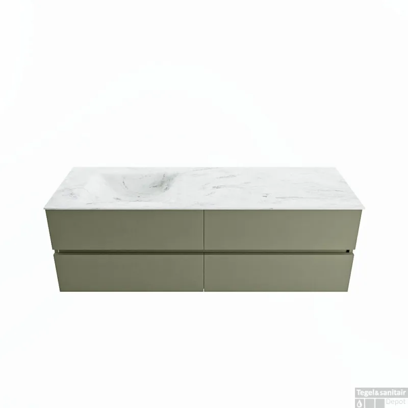 Weekendaanbieding MONDIAZ VICA-DLUX 150cm badmeubel onderkast Army 4 lades. Inbouw wastafel CLOUD links zonder kraangat, kleur Opalo.