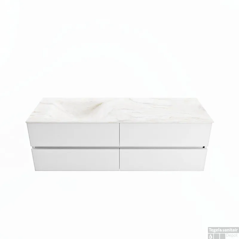Uitverkoop MONDIAZ VICA-DLUX 150cm badmeubel onderkast Talc 4 lades. Inbouw wastafel CLOUD links zonder kraangat, kleur Ostra.
