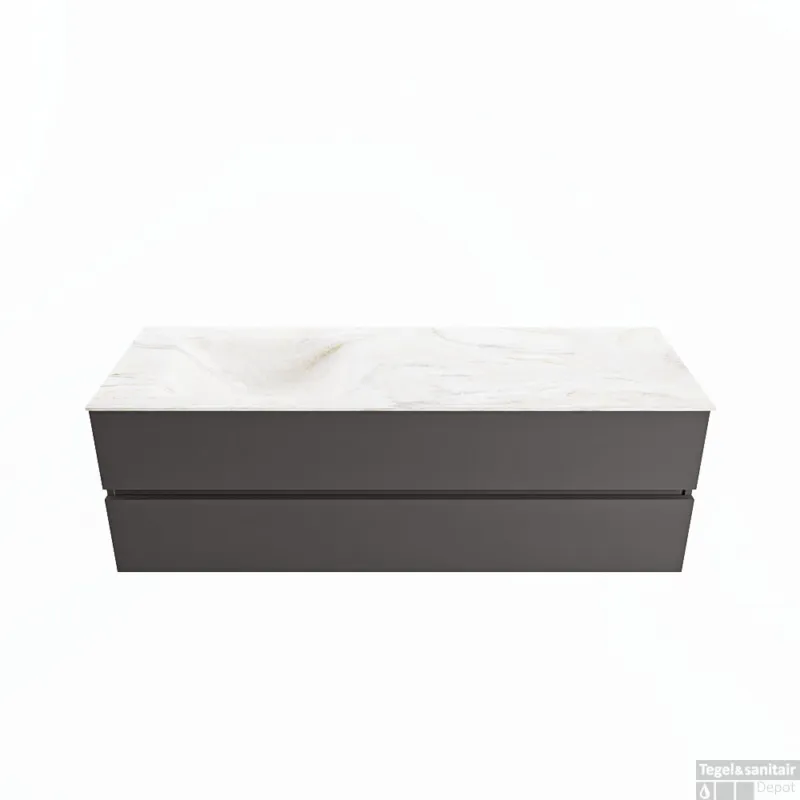 Fabrieksprijs MONDIAZ VICA-DLUX 150cm badmeubel onderkast Dark grey 2 lades. Inbouw wastafel CLOUD links 1 kraangat, kleur Ostra.