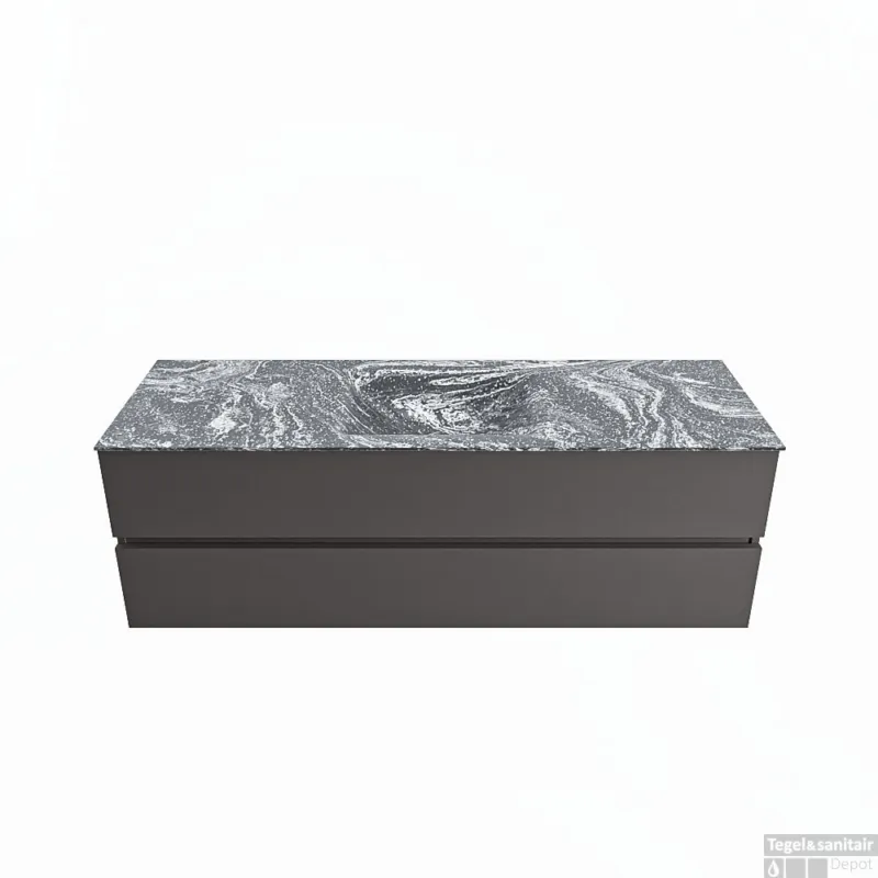 Korting MONDIAZ VICA-DLUX 150cm badmeubel onderkast Dark grey 2 lades. Inbouw wastafel CLOUD midden 1 kraangat, kleur Lava.