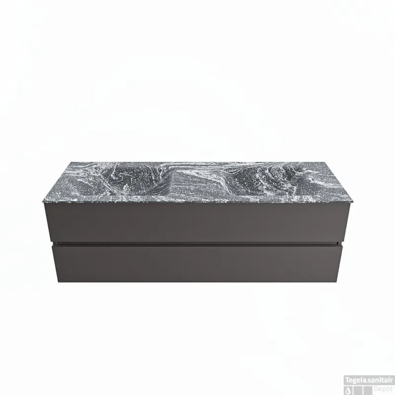 Hoge Kwaliteit MONDIAZ VICA-DLUX 150cm badmeubel onderkast Dark grey 2 lades. Inbouw wastafel CLOUD dubbel 2 kraangaten, kleur Lava.