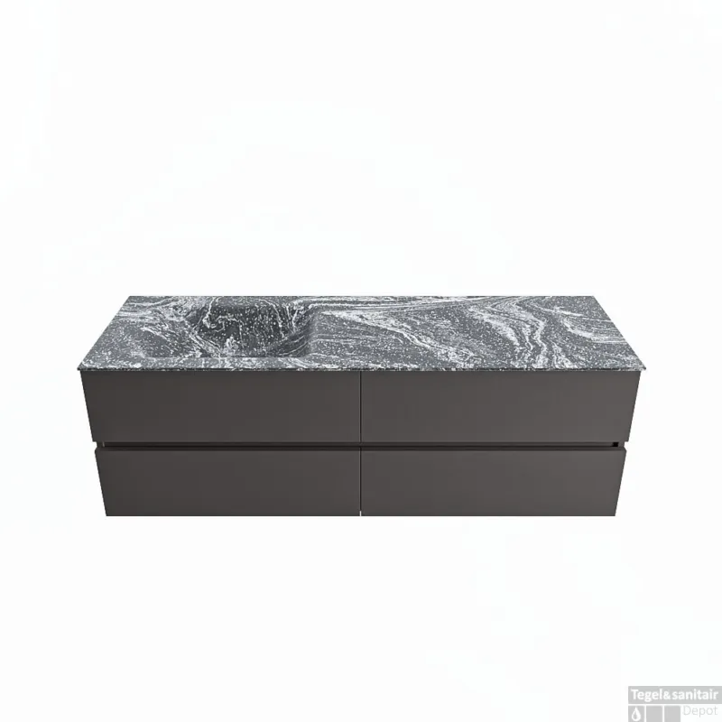 Gecertificeerd MONDIAZ VICA-DLUX 150cm badmeubel onderkast Dark grey 4 lades. Inbouw wastafel CLOUD links 1 kraangat, kleur Lava.