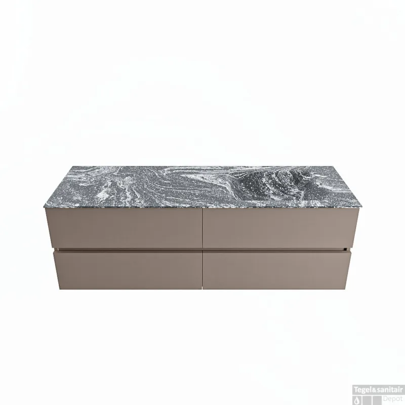 Aanbieding MONDIAZ VICA-DLUX 150cm badmeubel onderkast Smoke 4 lades. Inbouw wastafel CLOUD rechts zonder kraangat, kleur Lava.