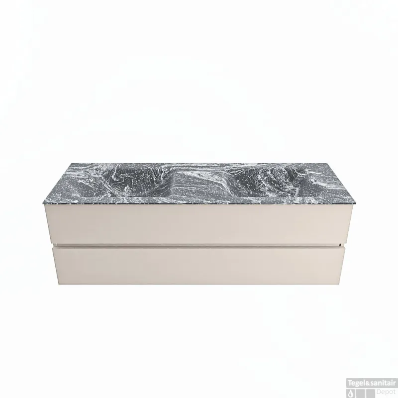 Koop Online MONDIAZ VICA-DLUX 150cm badmeubel onderkast Linen 2 lades. Inbouw wastafel CLOUD dubbel 2 kraangaten, kleur Lava.