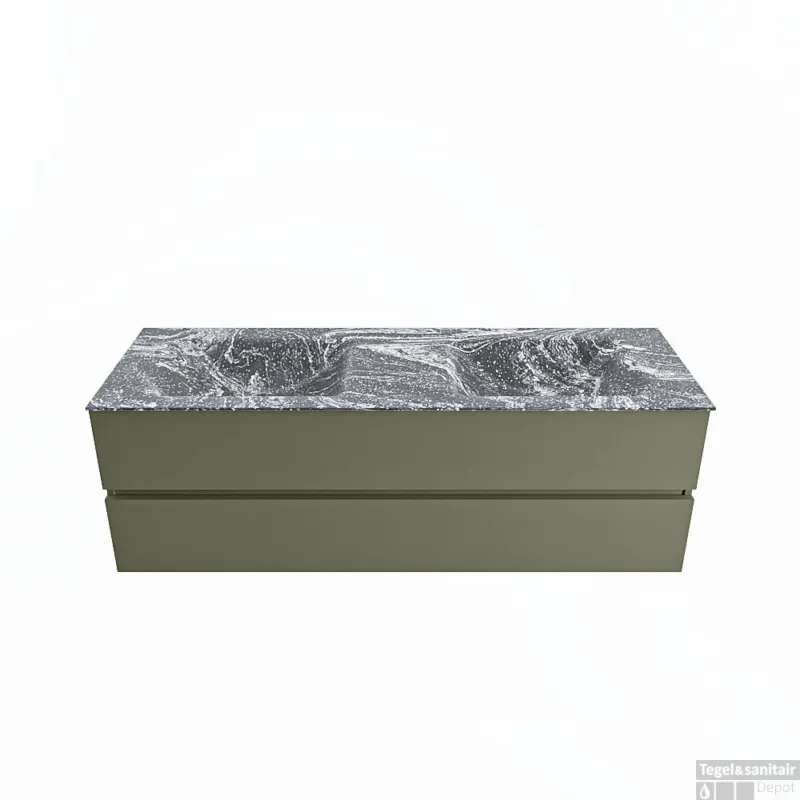 Aanbieding MONDIAZ VICA-DLUX 150cm badmeubel onderkast Army 2 lades. Inbouw wastafel CLOUD dubbel 2 kraangaten, kleur Lava.