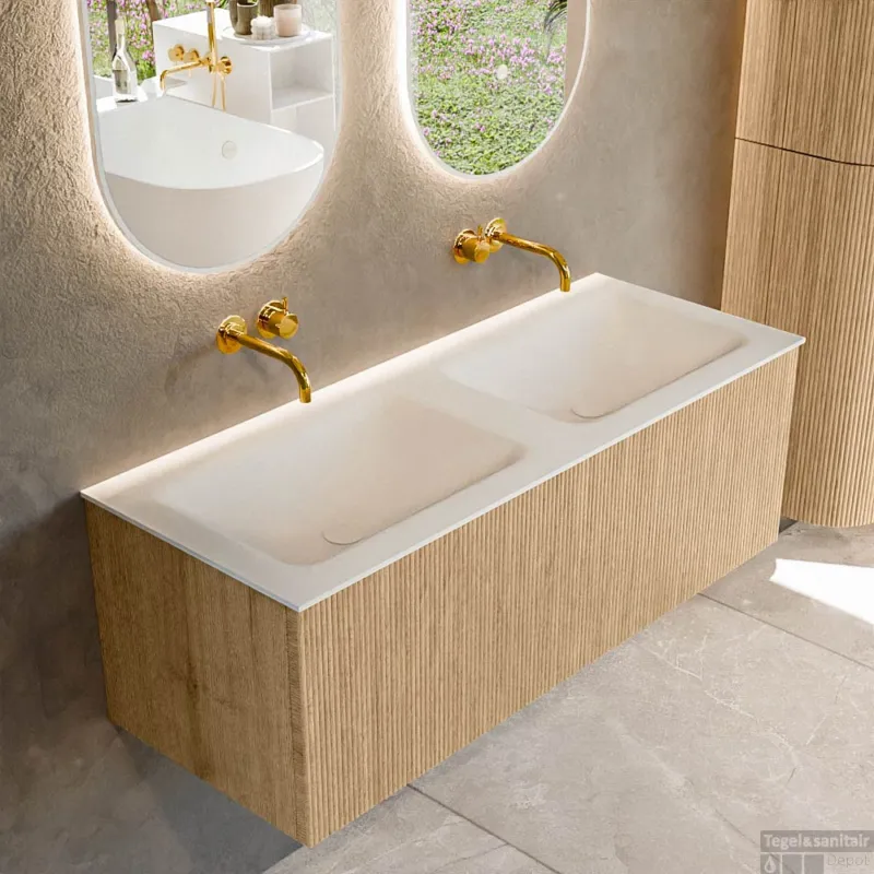 Gratis Retour Mondiaz KURVE 120 cm Onderkast Greeploos 1 Lade Zonder Deuren Oak, Wastafel Solid Surface Dubbel Talc 0 Kraangaten Zonder Spiegel (KRVCLO1201L0D0KD-Oak/Tal)