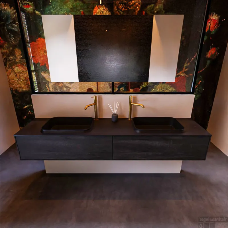 Alleen Vandaag Badkamermeubelset Mondiaz Erin 200 cm met 2 Lades met RIDGE Wastafel Dubbel Urban met 2 kraangaten Greeploos Mat Dark Brown