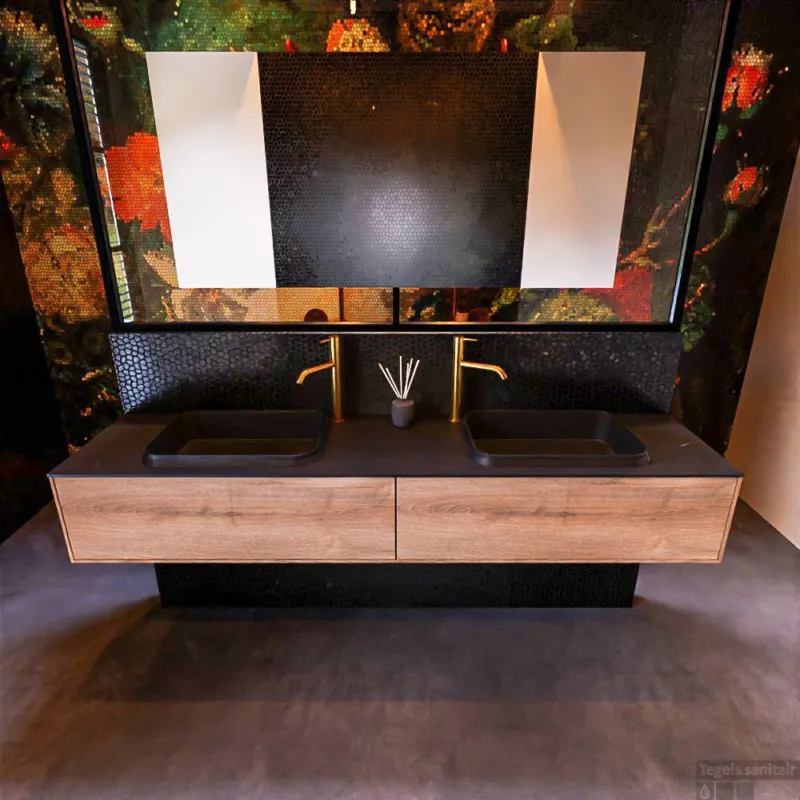 Gereduceerde Prijs Badkamermeubelset Mondiaz Erin 200 cm met 2 Lades met RIDGE Wastafel Dubbel Urban met 2 kraangaten Greeploos Mat Washed Oak