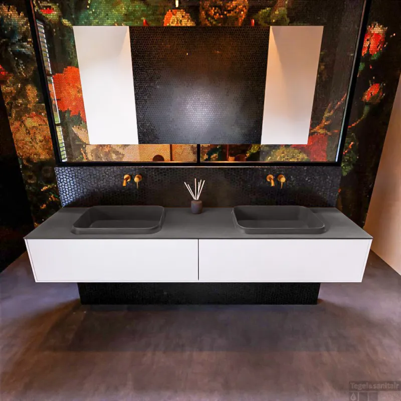 Direct Beschikbaar Badkamermeubelset Mondiaz Erin 200 cm met 2 Lades met RIDGE Wastafel Dubbel Dark grey Zonder Kraangaten Greeploos Mat Talc