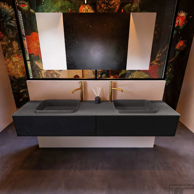 Badkamermeubelset Mondiaz Erin 200 cm met 2 Lades met RIDGE Wastafel Dubbel Dark grey met 2 kraangaten Greeploos Mat Urban Voordeelprijs