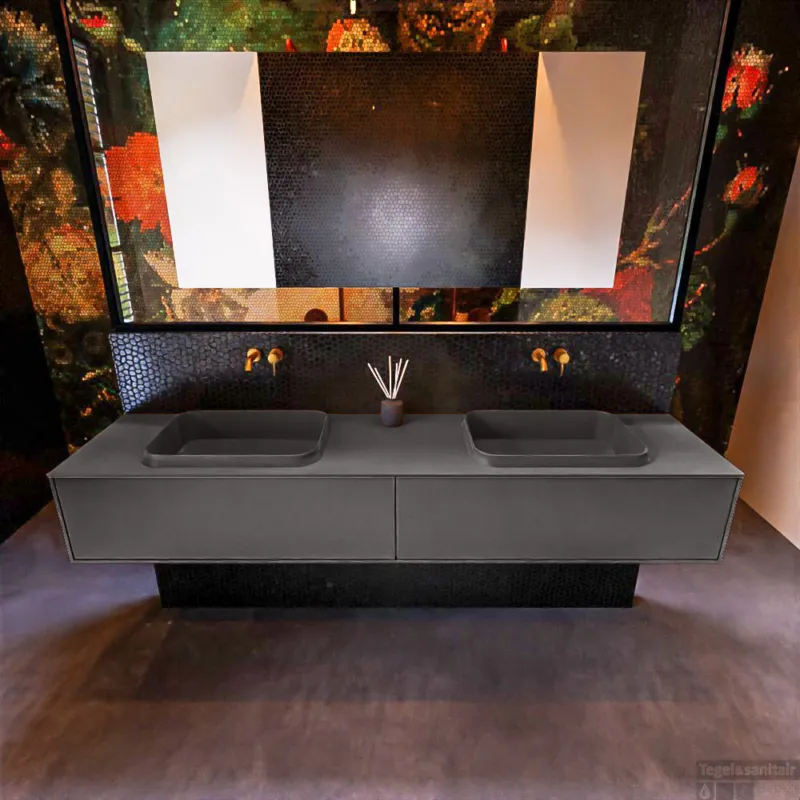 Badkamermeubelset Mondiaz Erin 200 cm met 2 Lades met RIDGE Wastafel Dubbel Dark grey Zonder Kraangaten Greeploos Mat Dark Grey Lage Prijs
