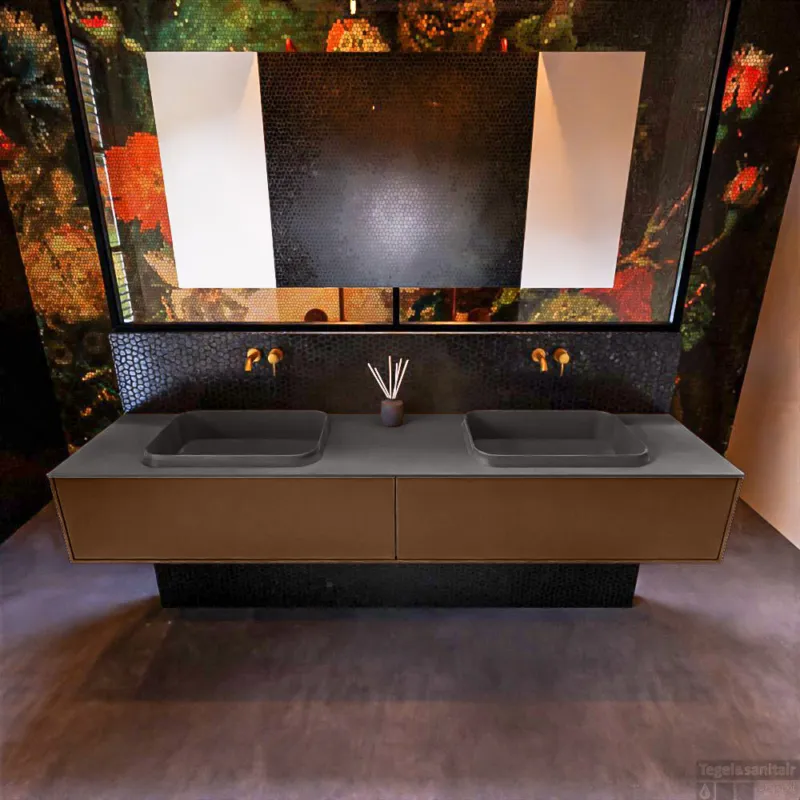 Merkproduct Badkamermeubelset Mondiaz Erin 200 cm met 2 Lades met RIDGE Wastafel Dubbel Dark grey Zonder Kraangaten Greeploos Mat Rust