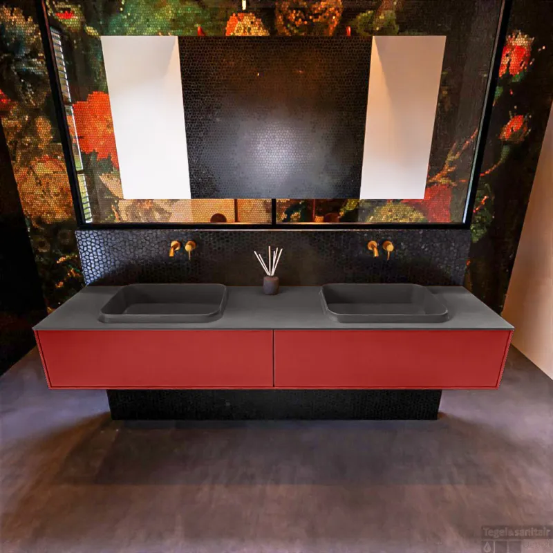 Weekendaanbieding Badkamermeubelset Mondiaz Erin 200 cm met 2 Lades met RIDGE Wastafel Dubbel Dark grey Zonder Kraangaten Greeploos Mat Fire