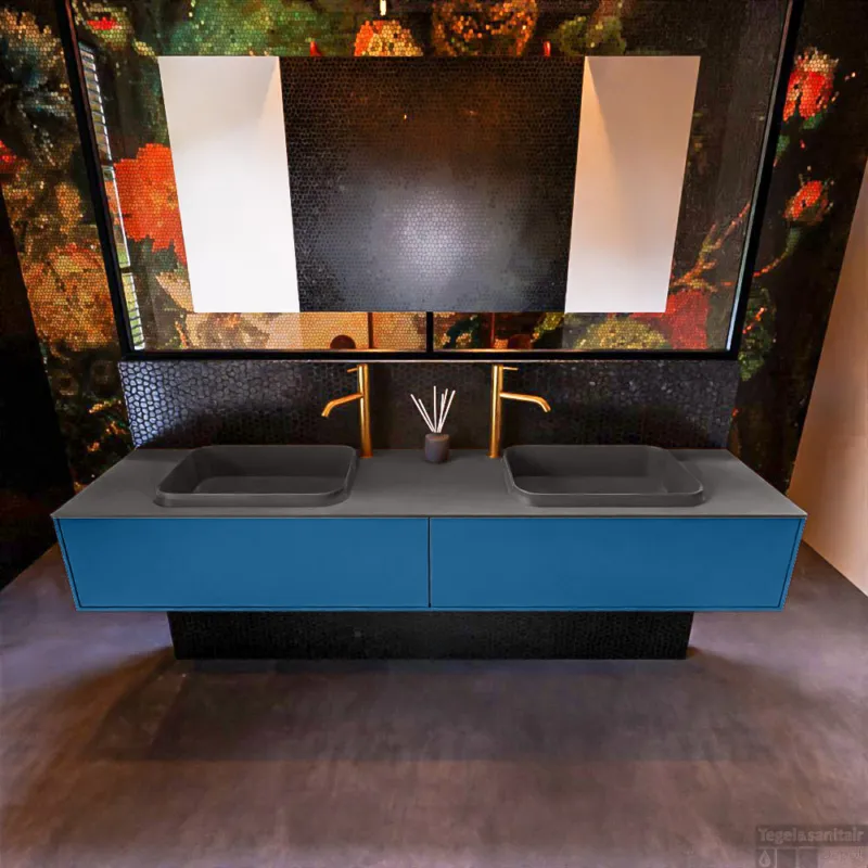 Lage Kosten Badkamermeubelset Mondiaz Erin 200 cm met 2 Lades met RIDGE Wastafel Dubbel Dark grey met 2 kraangaten Greeploos Mat Jeans