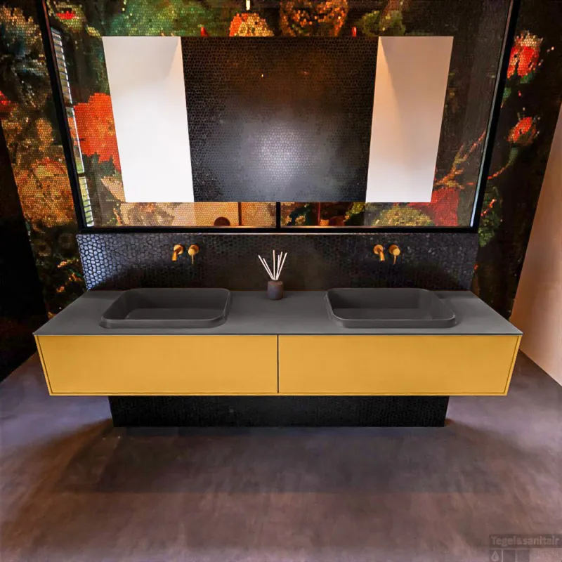 Badkamermeubelset Mondiaz Erin 200 cm met 2 Lades met RIDGE Wastafel Dubbel Dark grey Zonder Kraangaten Greeploos Mat Ocher Rechtstreeks Van De Fabrikant
