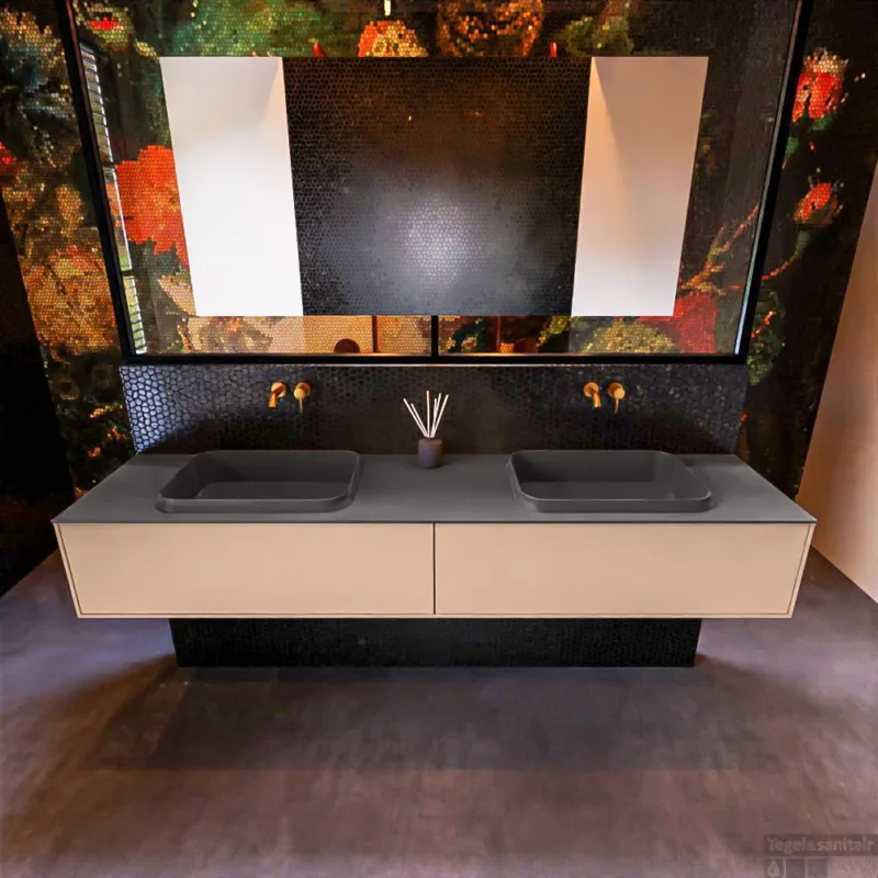Badkamermeubelset Mondiaz Erin 200 cm met 2 Lades met RIDGE Wastafel Dubbel Dark grey Zonder Kraangaten Greeploos Mat Rosee Veilige Betaling