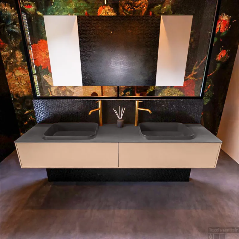 Direct Verzonden Badkamermeubelset Mondiaz Erin 200 cm met 2 Lades met RIDGE Wastafel Dubbel Dark grey met 2 kraangaten Greeploos Mat Rosee