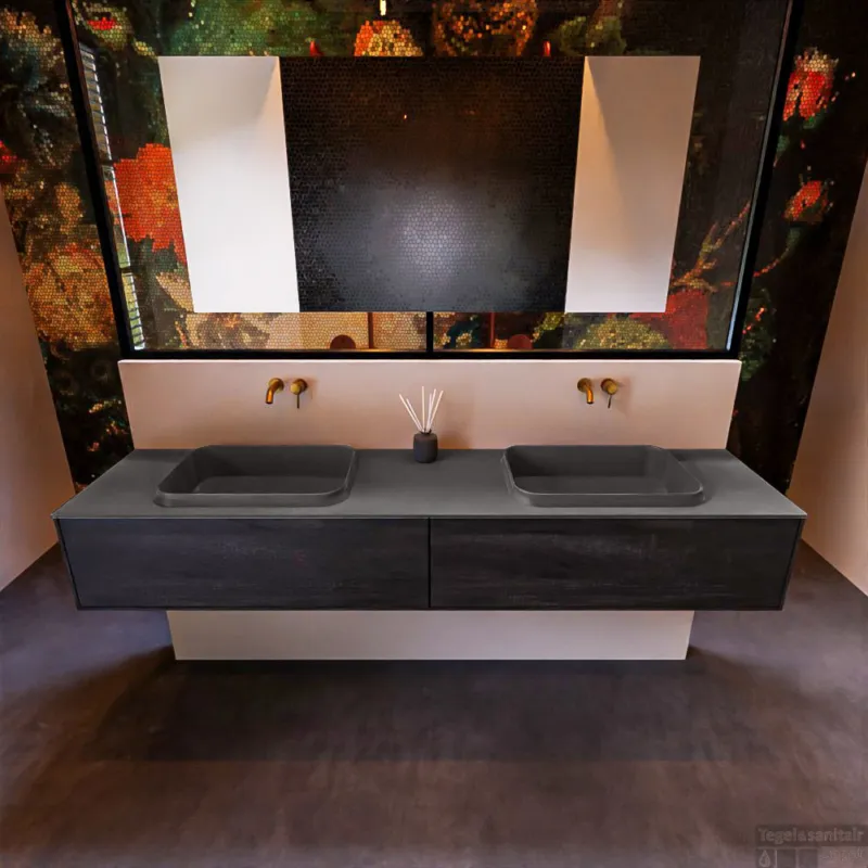 Badkamermeubelset Mondiaz Erin 200 cm met 2 Lades met RIDGE Wastafel Dubbel Dark grey Zonder Kraangaten Greeploos Mat Dark Brown Bestel Nu