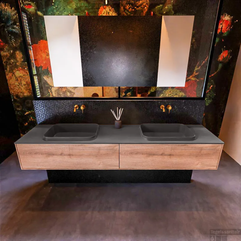 Badkamermeubelset Mondiaz Erin 200 cm met 2 Lades met RIDGE Wastafel Dubbel Dark grey Zonder Kraangaten Greeploos Mat Washed Oak Seizoensaanbieding