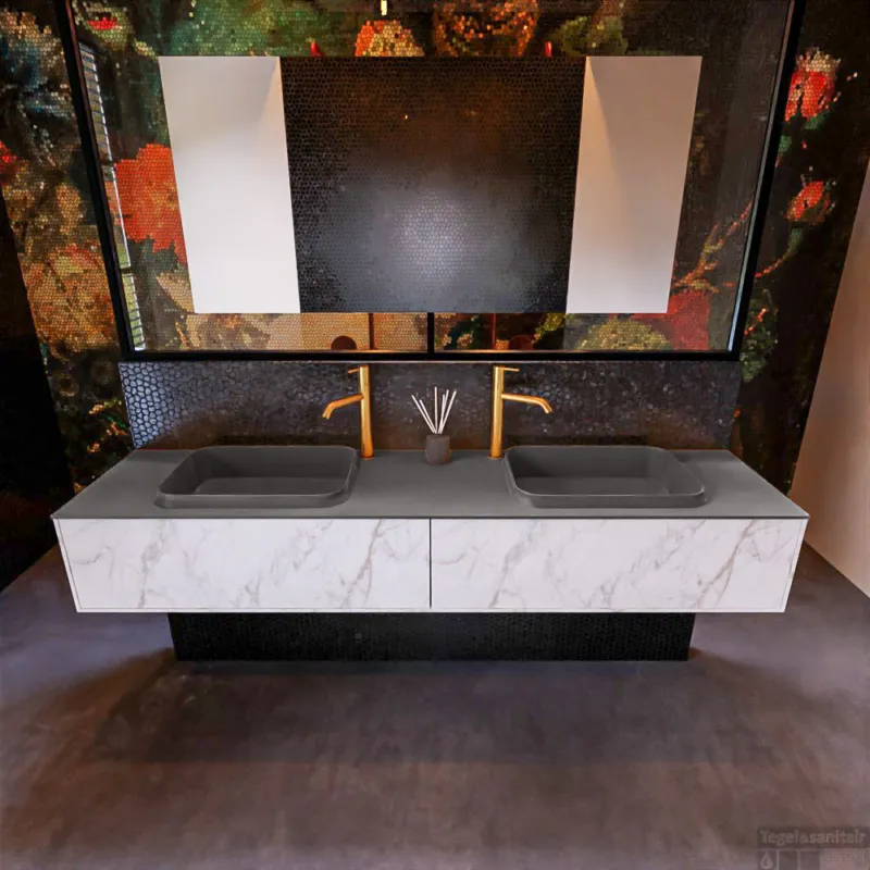 Badkamermeubelset Mondiaz Erin 200 cm met 2 Lades met RIDGE Wastafel Dubbel Dark grey met 2 kraangaten Greeploos Mat Carrara Speciale Aanbieding