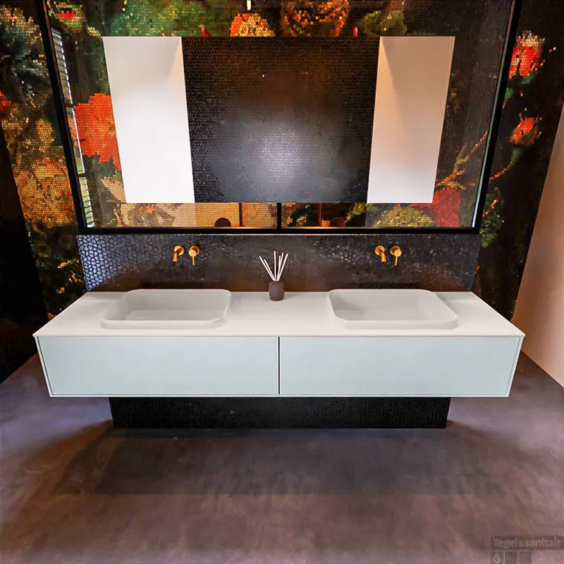 Exclusieve Aanbieding Badkamermeubelset Mondiaz Erin 200 cm met 2 Lades met RIDGE Wastafel Dubbel Linen Zonder Kraangaten Greeploos Mat Clay