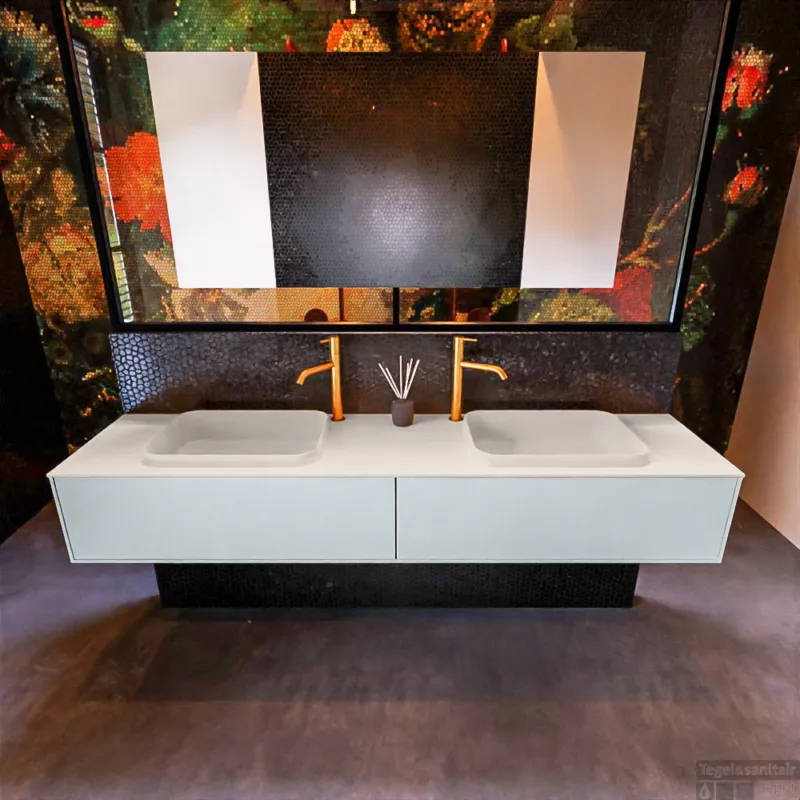 Badkamermeubelset Mondiaz Erin 200 cm met 2 Lades met RIDGE Wastafel Dubbel Linen met 2 kraangaten Greeploos Mat Clay Favoriet