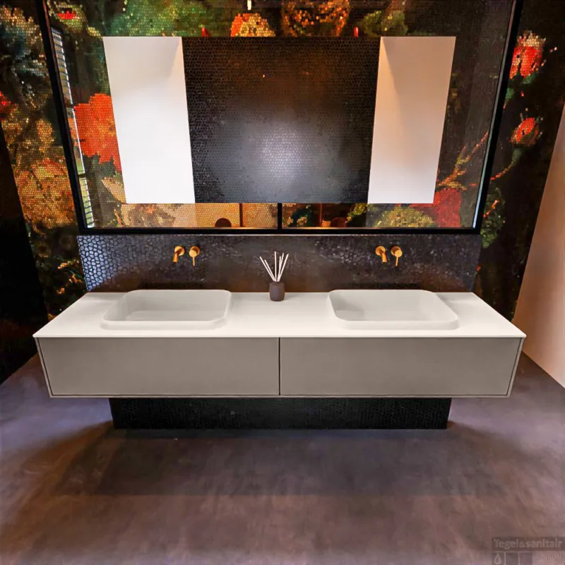 Badkamermeubelset Mondiaz Erin 200 cm met 2 Lades met RIDGE Wastafel Dubbel Linen Zonder Kraangaten Greeploos Mat Smoke Koop Online