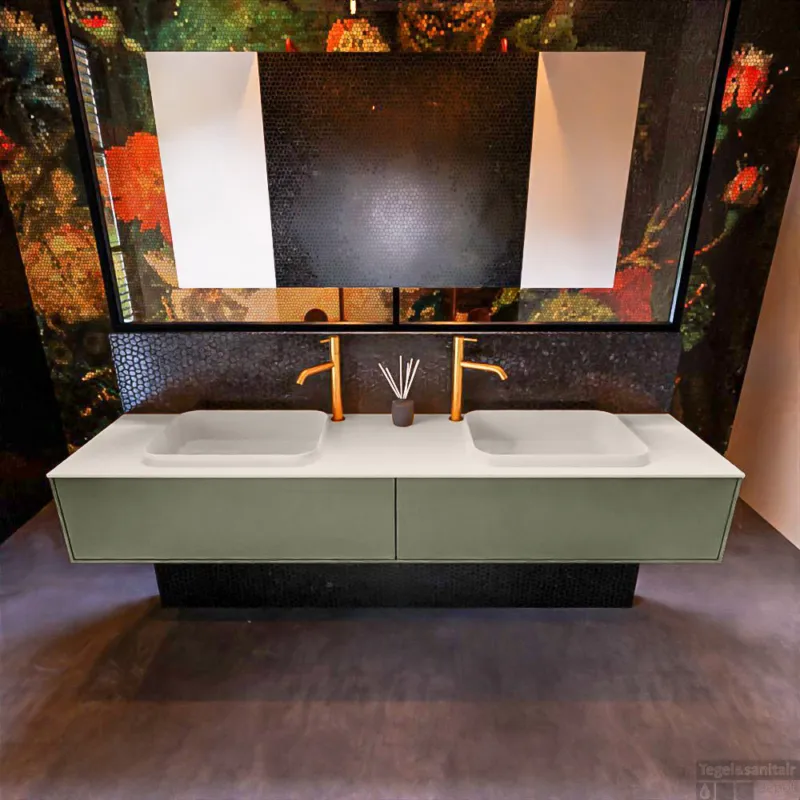 Dagaanbieding Badkamermeubelset Mondiaz Erin 200 cm met 2 Lades met RIDGE Wastafel Dubbel Linen met 2 kraangaten Greeploos Mat Army