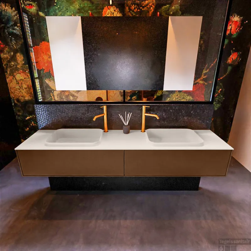 Badkamermeubelset Mondiaz Erin 200 cm met 2 Lades met RIDGE Wastafel Dubbel Linen met 2 kraangaten Greeploos Mat Rust Gereduceerde Prijs