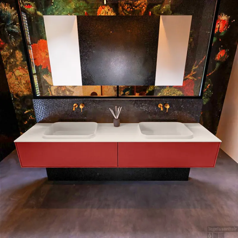 Badkamermeubelset Mondiaz Erin 200 cm met 2 Lades met RIDGE Wastafel Dubbel Linen Zonder Kraangaten Greeploos Mat Fire Bestseller