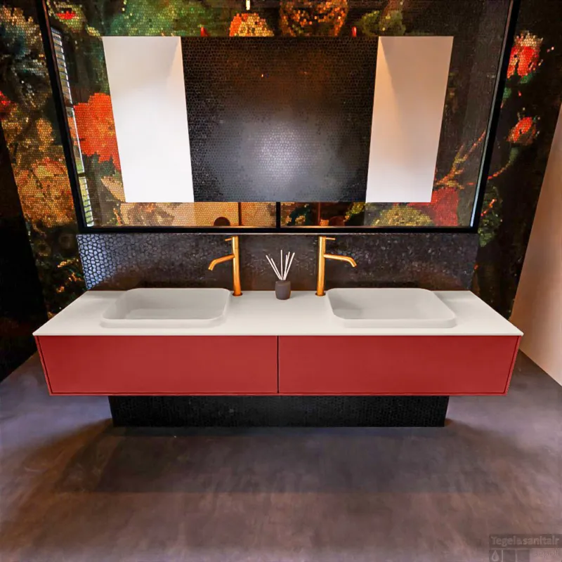 Favoriet Badkamermeubelset Mondiaz Erin 200 cm met 2 Lades met RIDGE Wastafel Dubbel Linen met 2 kraangaten Greeploos Mat Fire