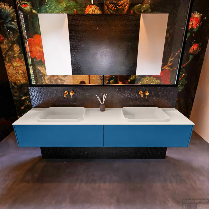Badkamermeubelset Mondiaz Erin 200 cm met 2 Lades met RIDGE Wastafel Dubbel Linen Zonder Kraangaten Greeploos Mat Jeans Uitverkoop