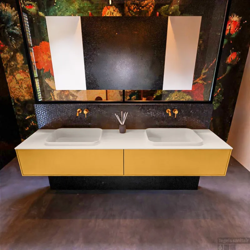 Badkamermeubelset Mondiaz Erin 200 cm met 2 Lades met RIDGE Wastafel Dubbel Linen Zonder Kraangaten Greeploos Mat Ocher Gratis Retour
