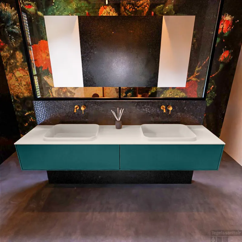 Badkamermeubelset Mondiaz Erin 200 cm met 2 Lades met RIDGE Wastafel Dubbel Linen Zonder Kraangaten Greeploos Mat Smag Flitsaanbieding