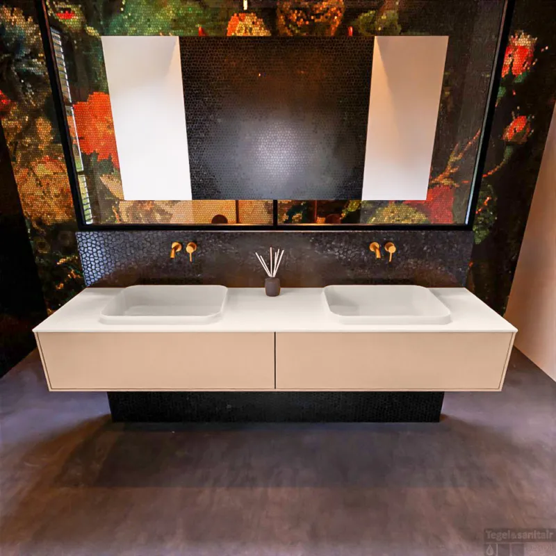 Badkamermeubelset Mondiaz Erin 200 cm met 2 Lades met RIDGE Wastafel Dubbel Linen Zonder Kraangaten Greeploos Mat Rosee Voordeelprijs