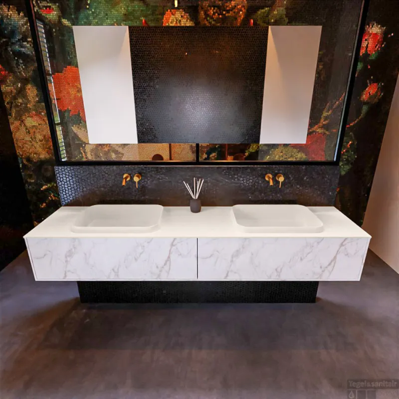 Badkamermeubelset Mondiaz Erin 200 cm met 2 Lades met RIDGE Wastafel Dubbel Linen Zonder Kraangaten Greeploos Mat Carrara Flitsaanbieding