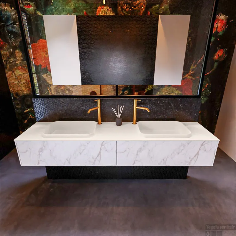 Badkamermeubelset Mondiaz Erin 200 cm met 2 Lades met RIDGE Wastafel Dubbel Linen met 2 kraangaten Greeploos Mat Carrara Flitsaanbieding
