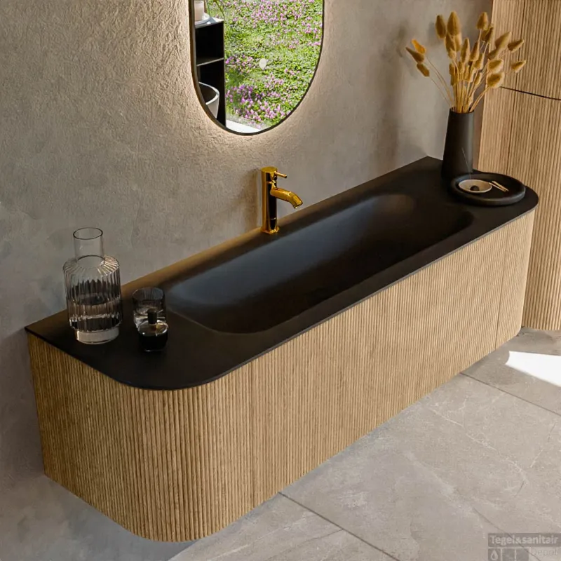 Mondiaz KURVE 150 cm Onderkast Greeploos 1 Lade Met Deuren Oak, Wastafel Solid Surface Midden Urban 1 Kraangat Zonder Spiegel (KRVBGM150L+R1L2D1KM-Oak/Urb) Express Levering