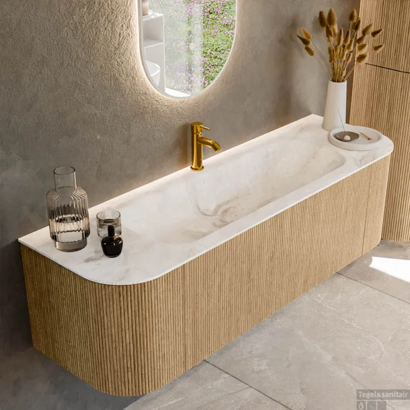 Betrouwbaar Mondiaz KURVE-DLUX 150 cm Onderkast Greeploos 1 Lade Met Deuren Oak, Wastafel Solid Surface Midden Frappe 1 Kraangat Zonder Spiegel (KRVBGM150L+R1L2D1KM-Oak/Fra)