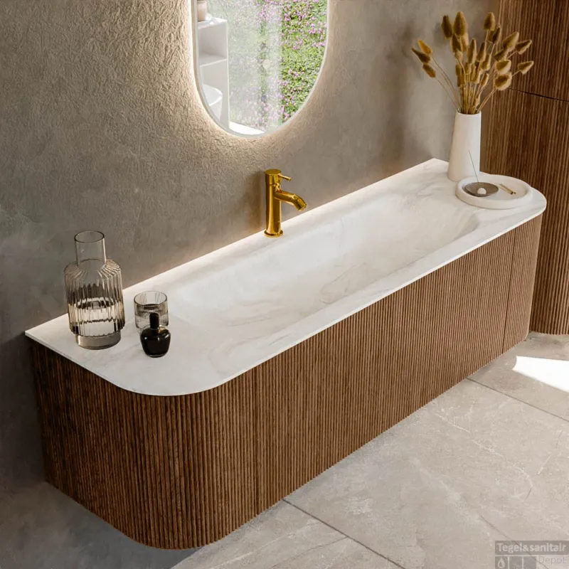 Weekendaanbieding Mondiaz KURVE-DLUX 150 cm Onderkast Greeploos 1 Lade Met Deuren Walnut, Wastafel Solid Surface Midden Ostra 1 Kraangat Zonder Spiegel (KRVBGM150L+R1L2D1KM-Wal/Ost)