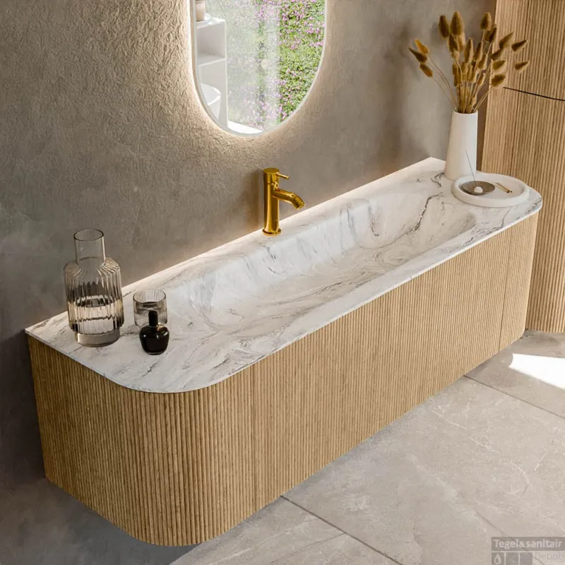 Lage Prijs Mondiaz KURVE-DLUX 150 cm Onderkast Greeploos 1 Lade Met Deuren Oak, Wastafel Solid Surface Midden Glace 1 Kraangat Zonder Spiegel (KRVBGM150L+R1L2D1KM-Oak/Gla)