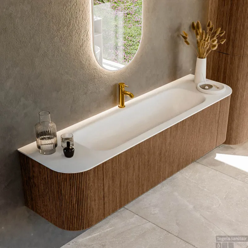 Merkproduct Mondiaz KURVE 170 cm Onderkast Greeploos 1 Lade Met Deuren Walnut, Wastafel Solid Surface Midden Talc 1 Kraangat Zonder Spiegel (KRVBGL170L+R1L2D1KM-Wal/Tal)