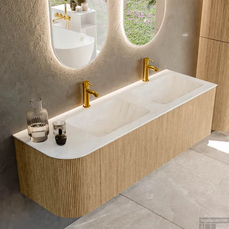 Gereduceerde Prijs Mondiaz KURVE-DLUX 145 cm Onderkast Greeploos 1 Lade Met Deuren Oak, Wastafel Solid Surface Rechts Opalo 2 Kraangaten Zonder Spiegel (KRVLEA145L1L1D2KD-Oak/Opa)
