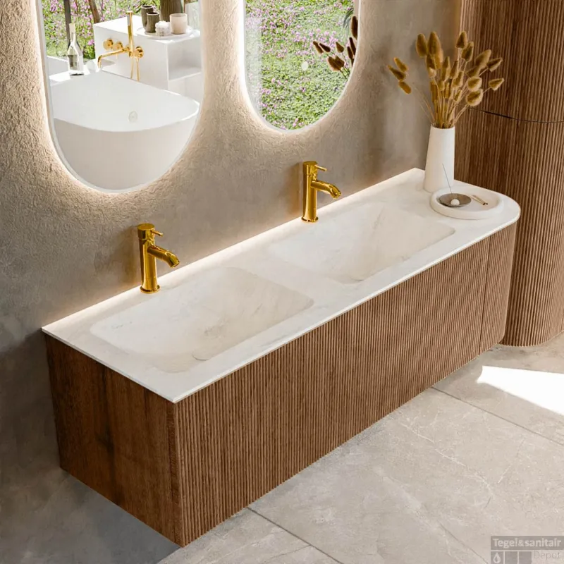 Dagaanbieding Mondiaz KURVE-DLUX 145 cm Onderkast Greeploos 1 Lade Met Deuren Walnut, Wastafel Solid Surface Links Opalo 2 Kraangaten Zonder Spiegel (KRVLEA145R1L1D2KD-Wal/Opa)