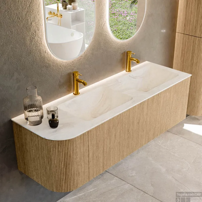 Hoge Kwaliteit Mondiaz KURVE-DLUX 145 cm Onderkast Greeploos 1 Lade Met Deuren Oak, Wastafel Solid Surface Rechts Ostra 2 Kraangaten Zonder Spiegel (KRVLEA145L1L1D2KD-Oak/Ost)