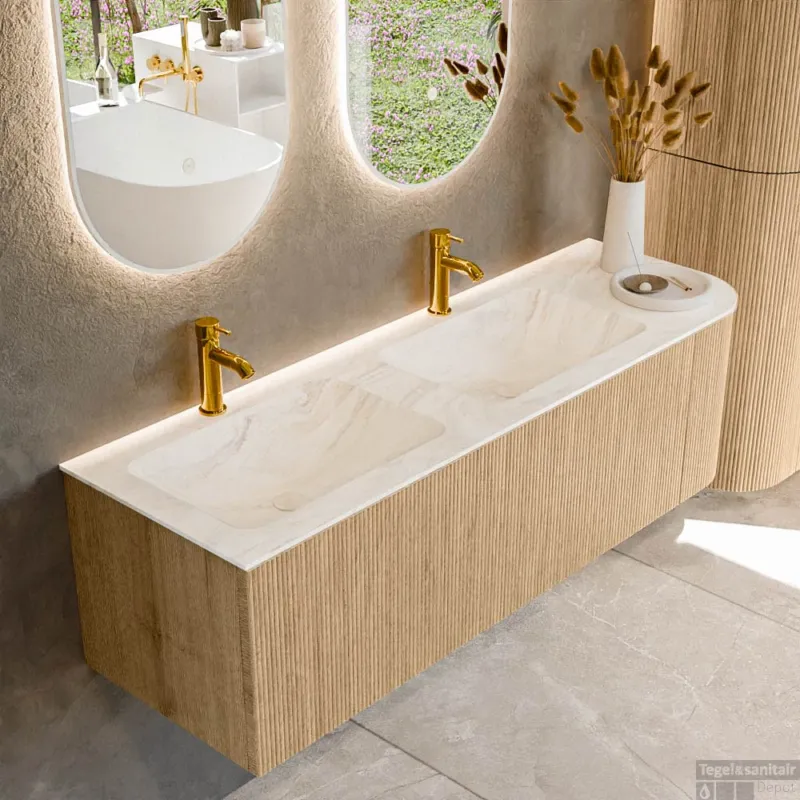Uitverkoop Mondiaz KURVE-DLUX 145 cm Onderkast Greeploos 1 Lade Met Deuren Oak, Wastafel Solid Surface Links Ostra 2 Kraangaten Zonder Spiegel (KRVLEA145R1L1D2KD-Oak/Ost)