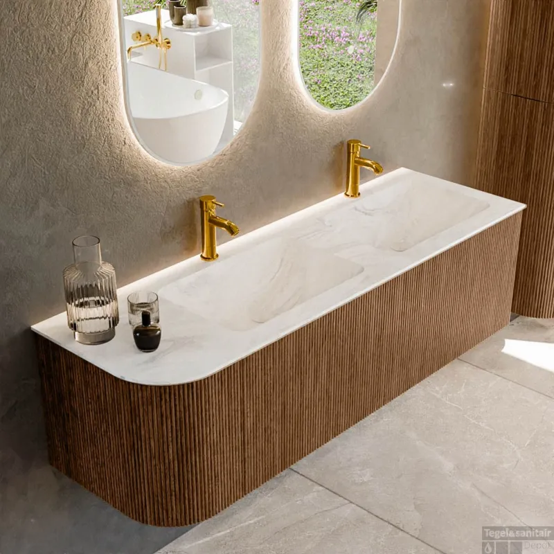 Koop Vandaag Mondiaz KURVE-DLUX 145 cm Onderkast Greeploos 1 Lade Met Deuren Walnut, Wastafel Solid Surface Rechts Ostra 2 Kraangaten Zonder Spiegel (KRVLEA145L1L1D2KD-Wal/Ost)