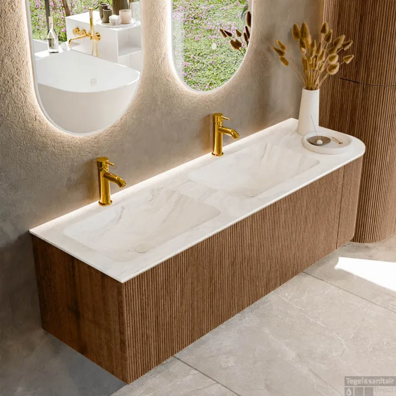 Meest Verkocht Mondiaz KURVE-DLUX 145 cm Onderkast Greeploos 1 Lade Met Deuren Walnut, Wastafel Solid Surface Links Ostra 2 Kraangaten Zonder Spiegel (KRVLEA145R1L1D2KD-Wal/Ost)