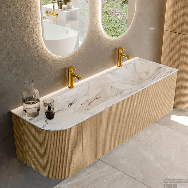 Koop Vandaag Mondiaz KURVE-DLUX 145 cm Onderkast Greeploos 1 Lade Met Deuren Oak, Wastafel Solid Surface Rechts Glace 2 Kraangaten Zonder Spiegel (KRVLEA145L1L1D2KD-Oak/Gla)